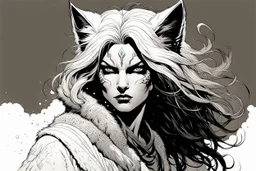 create an ethereal, otherworldly anthropomorphic Lynx woman , in the comic book art style of Mike Mignola, Bill Sienkiewicz, and Jean Giraud Moebius, with highly detailed fur and feminine facial features , finely inked , dramatic natural lighting