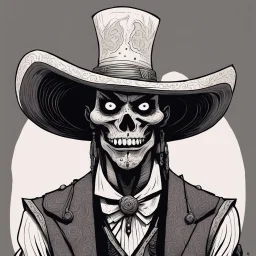 [mexican comics Head Lopper style by Andrew MacLean] Baron Samedi's mismatched eyes widen in surprise at your question, a low chuckle rumbling in his chest. "Well, well, well, ain't you a clever one," he drawls, his voice a gravelly purr. "Ain't many folks who know their Bayou legends these days. But you, you're a different kettle of gators