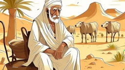 Old man, Arab, turban, white clothes, cattle, desert, council, sun, palm trees, mud houses, holding a stick, looking forward, a very slight smile.cartoon,Sitting on a chair,long beard