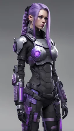 Cyberpunk female with long hair in pigtails with black, grey, white, and purple coloration body armor and clothing in a realistic style full body view