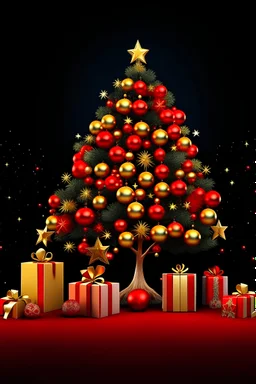 Absolutely beautiful highly detailed HD resolution fully rendered Christmas tree, red and gold trimmings, beautiful star on top of tree, gifts underneath tree, toys underneath tree with the Aries Team sentence in the top