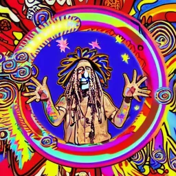 TRIPPY, ACID, LSD, WOODSTOCK, hippie Santa playing electric guitar, psychedelic, peace sign, MUSHROOMS, dreadlocks