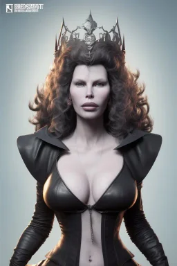 Kim Basinger as evil queen in black leather, busty, cleavage, curvy, angry, stern look. character design by cory loftis, fenghua zhong, ryohei hase, ismail inceoglu and ruan jia. unreal engine 5, artistic lighting, highly detailed, photorealistic, fantasy