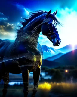 Fascinating double exposure masterpiece. The foreground features a captivating silhouette of a mysterious and glowing horse, exuding an enigmatic and otherworldly energy. Ethereal lighting. The harmonious mix of its serene nature intertwines with the captivating silhouette, creating a scene of incomparable beauty. 8k resolution