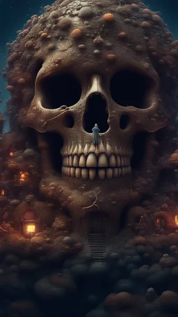 an epic extremely detailed of an intricate tiny faerie village inside a giant glowing skull, 8k resolution, fantasy concept art, dynamic lighting, cinematic, epic glowing galaxy background, deep depth of field, 3D, constellation map, fractal crack effect, 16k resolution photorealistic, bokeh, a masterpiece by Alberto Seveso, breathtaking intricate details, realistic and lifelike cgi diorama, dramatic natural lighting, reflective catchlights, high quality CGI VFX fine art