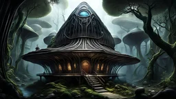 (beautiful:1.5) intricately detailed (hut:1.5) in an (alien forest:1.5) with (blown glass:1.5) walls, Myst, Riven, Uru, Frank Lloyd Wright, H.R. Giger, morbid fine arts, dark fine arts, macabre fine arts, dynamic lighting, epic, 8k resolution, trending on Artstation, deep color, vibrant, warm colors, sharp focus, horror, Gustave Doré Greg Rutkowski