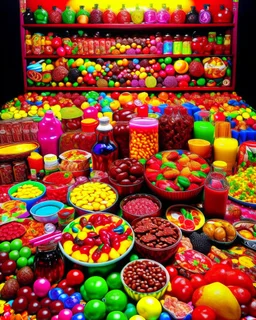 An image filled with soda, chocolate, fruit juice, fruit pieces, and all kinds of chocolates from global brands in a psychedelic, colorful, and eye-catching atmosphere.