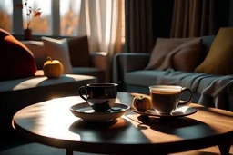 Still life details in home interior of living room. Cup of tea with steam on a serving tray on a coffee table. Breakfast on the couch in the morning sunlight. Cozy autumn or winter concept, 8k , cinematic