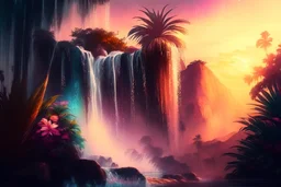 waterfall falling from the heavens with palm trees, rock, flowers, colorful, sunset, warm colors, mist, cinematic, depth of field, realistic, hyper-realistic, lifelike