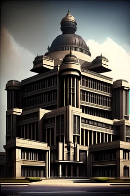 Architectural style for building of India's Intelligence Bureau , make it visibly military and intelligence style at the same time similar to Indian Architecture, use darker colors