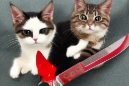 Cute cat diabolical smiling with a bloody knife with blood. Manga