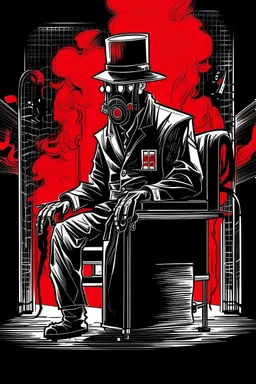 man with hat (wide and flat brim and a flat top) shading face, wearing a gas-mask, standing next to an electric-chair, vignette, black and white graphic novel style with a red outline on black background, gothic horror
