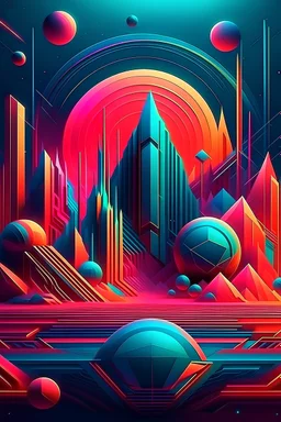 2. Futuristic geometric landscape, neon colors, 3D shapes, optical illusion, digital art, ultra-modern, high detail
