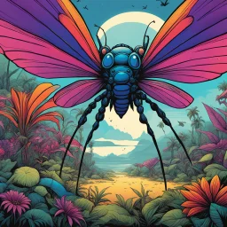 (in the style of grindhouse comic illustration) the vibrant colors and otherworldly beauty surround a menacing giant alien insects and exotic flora inhabit the landscape. The surreal surroundings, a kaleidoscope of hues. However, the potential dangers posed by the towering creatures and mysterious plants. with vibrant colors is tempered by a deep respect for the hidden perils. Balancing awe and wariness, the surreal landscape becomes a backdrop with both beauty and menace. The wonder of the sen