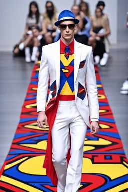 A guy on a fashion runway with moderna clothes inspired by Superman style, embroidery elegante fashion