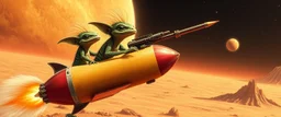 hairy macho gremlin lizard aliens living in a hi tech marvellous hot dog rocket with a mounted sling shot, heading for venus
