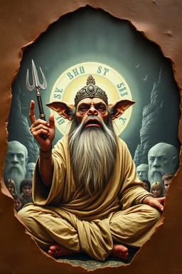 pin hole cam, master oil painting by Rembrandt,ohm ri shi lahkshmi super guru with lots followers looking like a salmon dog orc troll gremlin yoga guru, brown paper with rolled up burnt edges