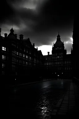 The court was very cool and a little damp, and full of premature twilight, although the sky, high up overhead, was still bright with sunset. Victorian London, black and white.