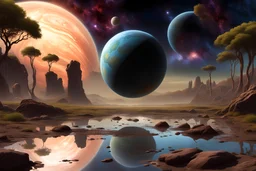 planet in the sky, trees, rocks, rocky land, puddle, sci-fi, landscape, mountains, galactic cosmic influence
