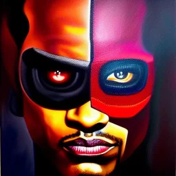 ultra detailed fullbody Portrait in oil on canvas of Deadshot ,intense stare,extremely detailed digital painting, extremely detailed face, Glowing red eyes, mystical colors ,perfectly centered image, perfect composition,rim light, beautiful lighting, 8k, stunning scene,extremely sharp detail, finely tuned detail, ultra high definition raytracing, in the style of Simon Bisley and robert e howard and Greg Rutkowski and and artgerm