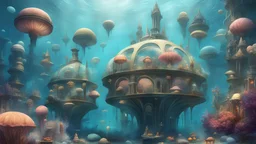 An underwater metropolis with bubble domes, inhabited by merfolk and sea creatures