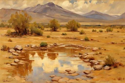 Arid land, clouds, mountains, rocks, puddle, vegetation, theodore robinson impressionism painting