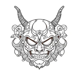 White, minimalis line art , oni mask japanes funny , vector, white background, outline, with images neatly contained within the background, just black and white color, tatto style.