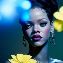 Rihanna as smurf with yellow flowers for hair, closed eyes, rtx, reflection, 8k, glow, winning photography, caustics