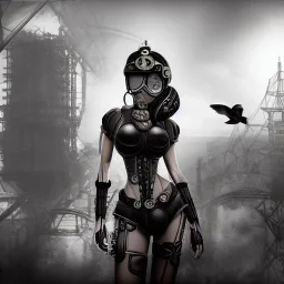 great illustrator, spanish, realistic rendering of a cute girl, beautiful, steampunk syle, black and white. Helmet with tubes. breathing mask. Machinery in the background. robotic bird flying. High details. 4k. unreal engine