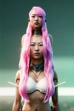 Ultra realistic portrait, Asian cyborg woman, samurai warrior :: symmetry photography, cyberpunk style, pink hair, glow makeup:: black samurai army, katana, japanese traditional ornaments, pink, white, black, glow eyes, cinematic, Ultra realistic, dark scene, soft color, highly detailed, unreal engine 5, RTX, ultra detail, 3d, finely drawn, high definition.