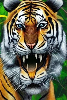 Rainforest, tall hybrid human tiger walking, frontal, model style, hyper realistic, accurate, delicate, extremely detailed, Graphic novel style, wide-angle, front view, open aperture, superfine pencil