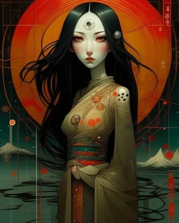 No corners drawing lines dots Kandinsky A full-body pretty African Asian moon goddess draped in flowing celestial fabric walks on water beneath a glowing full moon. Her gown unfurls like clouds, catching starlight and golden dust in the night air. The scene is surreal and divine, with painterly textures and a balance of shadow and illumination vertical Award winning imagery trompe l'oeil 3D surrealism masterpiece of Odilon Redon's dreamlike surrealism. kintsugi painting of abstract squares creat
