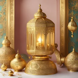 Greeting card, Ramadan, golden decorations, soft colors, Ramadan lantern with Ramadan cannon, a beautiful and deep surreal painting, Rococo 3D that highlights its exceptional quality, 8K shot, an ultra-realistic digital painting, a beautiful portrait, a very beautiful portrait, an ultra-realistic digital art captured with a Hasselblad medium format camera with a 100 mm lens. An unmistakable cinematic image, daylight