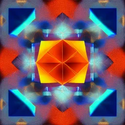 a blue metallic 4d cube inside a 4d orange rotating cube in a 4 dimension environment