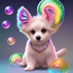 a sparkly dog with golden hair and rainbow shoes in fairyland, really cute, bubble gum, detailed, RTX, fantasy, 8K