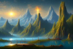 Clouds, mountains, lagoon, science fiction landscape