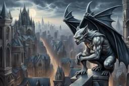 captivating and highly detailed fantasy, gothic illustration featuring a grayish Gargoyle with curly bluish hair crouching above the city, leaning forward to observe the people below. Style of artist Anne Stokes, Gothic, Dark Fantasy, photo, 3d rendering, cinematic