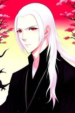 He is tall, red-eyed, white-skinned, white-cheeked, white-eared, white-haired, long-haired, white-noseed, Japanese, wearing a black shirt.