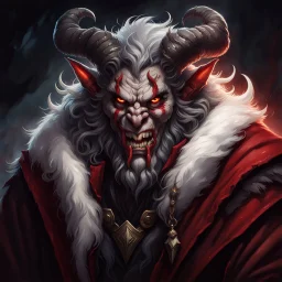 A dark fantasy illustration of Krampus, the legendary horned Christmas demon, staring intensely at the viewer with piercing amber eyes and a wicked, toothy grin. His muscular form is draped in a tattered crimson coat with grimy white fur trim and a flowing black cloak that billows dramatically behind him, while his gnarled, claw-tipped hands hold open an ominous black Santa sack as if beckoning the viewer inside. Curved ram-like horns spiral upward from his head, adorned with small brass bells t