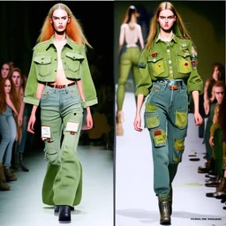 Women model catwalk wearing cargo jeans with patch jellow and green