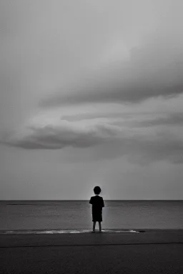 young boy looking out to sea with another man laying down behind him, dark storm clouds overhead, lightning, shopping trolley on side, dusk. the road cormac mccarthy