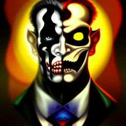 ultra detailed fullbody portrait of Two-Face villain, extremely detailed digital painting, extremely detailed face,crystal clear eyes, in the style of robert e howard and pablo oliveira and Ken Kelley and Keith Parkinson , mystical colors, perfectly centered image, perfect composition, rim light, beautiful lighting,8k, stunning scene, raytracing