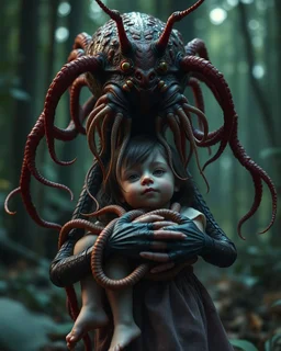 Rare parasite creature holding a girl meanwhile many worms streaming from his eyes in the forest, fullbody, macro photography, darkred tones,high detailed, 3d pixar disney the cinematic FKAA, TXAA, and RTX graphics technology employed for stunning detail.
