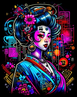 Illustration of Colorful intricate cyberpunk beautiful geisha, dark background