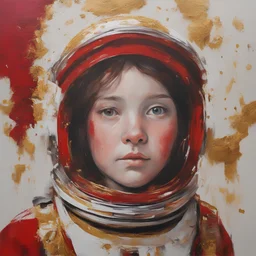 Tableau rouge, peinture au couteau, feuilles d'or, visage de petitefille, astronaute