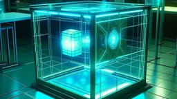 Cube tesseract from movie Loki. Located strictly in the middle of picture with space around it and with navy blue/green glow inside tesseract. Without surface/table on which it stay.