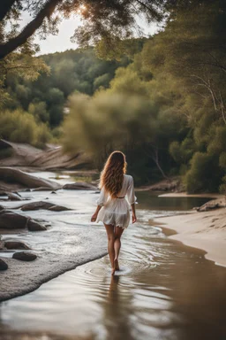 beautiful girl walking toward camera in trees next to wavy river with clear water and nice sands in floor.camera capture from her full body front