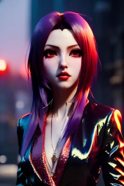 anime vampire, portrait from waist up, pale skin, intricate eyeliner, vibrant eyeshadow, clear completion, soft lighting, 4k resolution, intricate details, insanely detailed, colorful cityscape background, masterpiece, expert, cinematic smooth, retroanime style, realistic details, no helmet