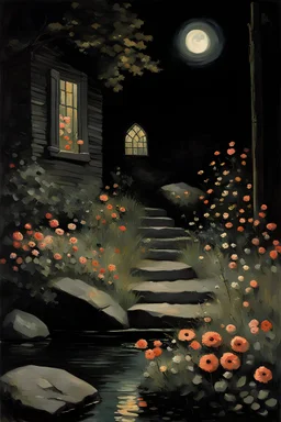 Night, flowers, rocks, gothic horror movies influence, creepy, winslow homer paintings