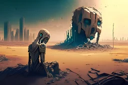 A picture of an AI in the foreground, in the background drought-cracked earth and a collapsed city